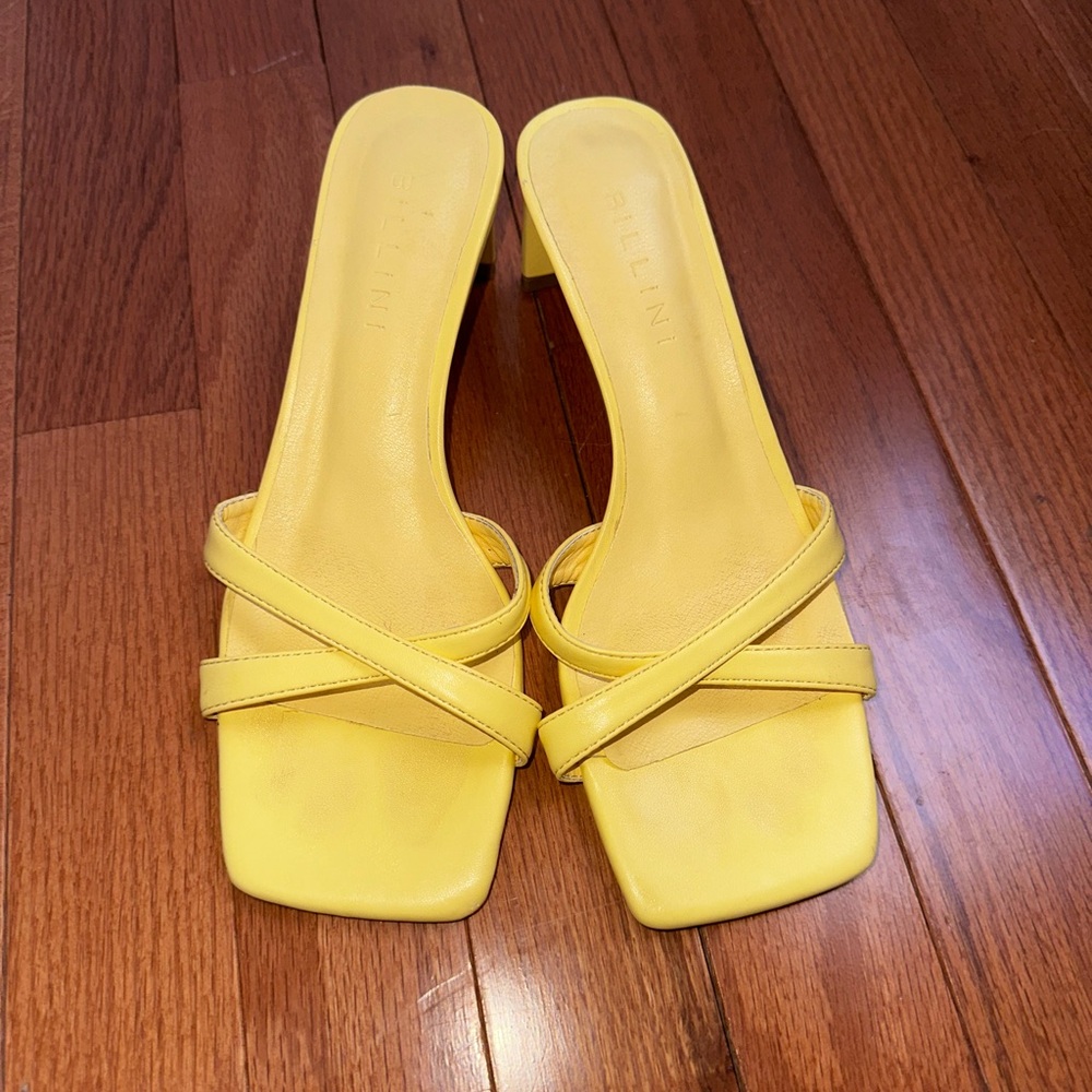 Yellow square toe kitten heel